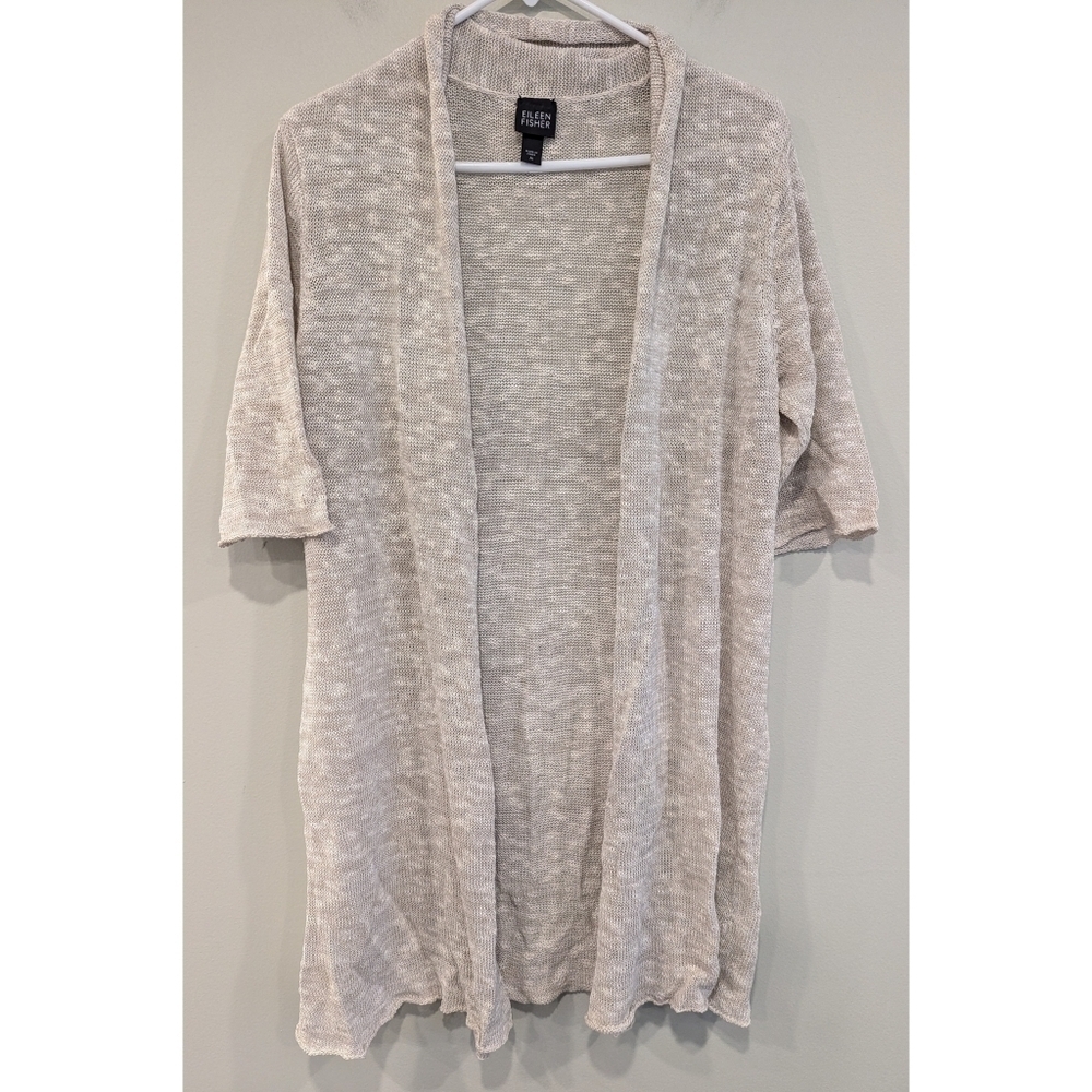 Eileen Fisher Oatmeal Linen Blend Short Sleeve Open Cardigan Size Medium